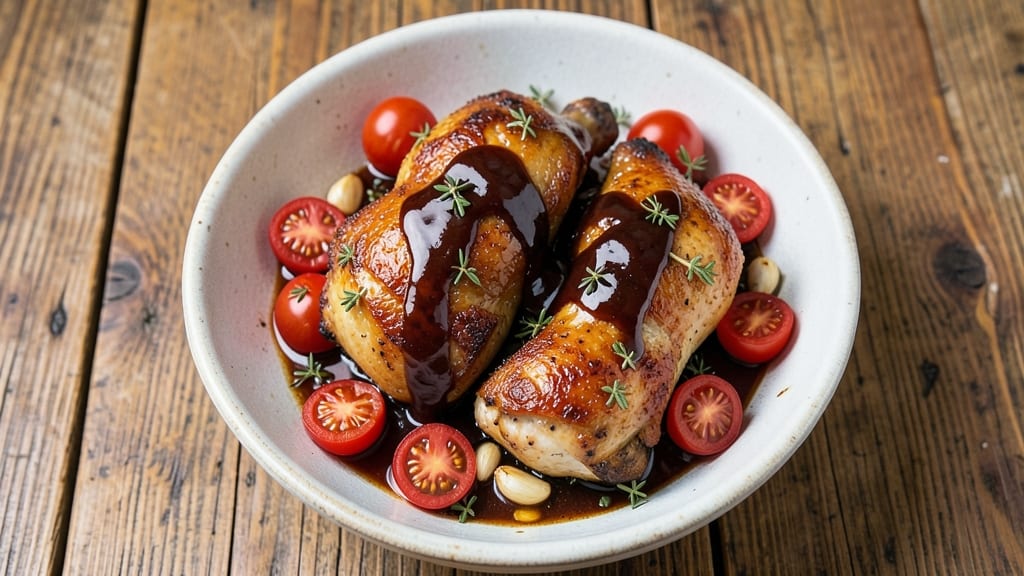 Balsamic Chicken Thighs With Burst Tomatoes Recipe: Sweet-Tart Glaze That Caramelizes to Richness
