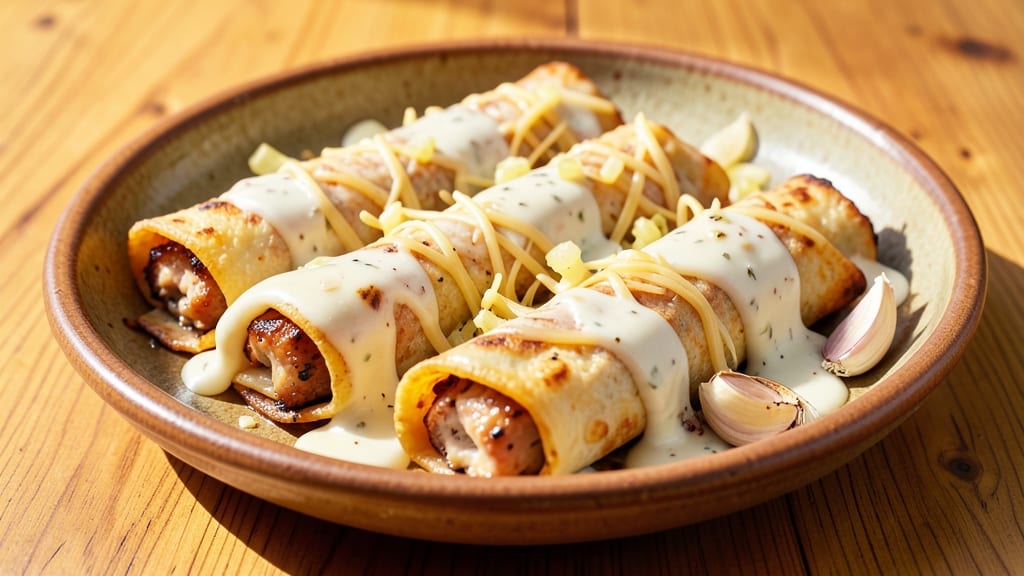 Authentic Chicken Enchiladas Recipe With White Sauce: Crispy Tortillas and Creamy Cheese Rivers