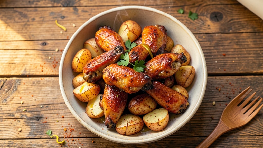 Baked Chicken Wings and Potatoes Recipe: Crispy-Skinned Roast with Herbed Potatoes